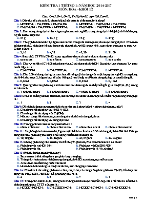 Đề kiểm tra 1 tiết số 1 môn Hóa học Lớp 12 - Năm học 2016-2017